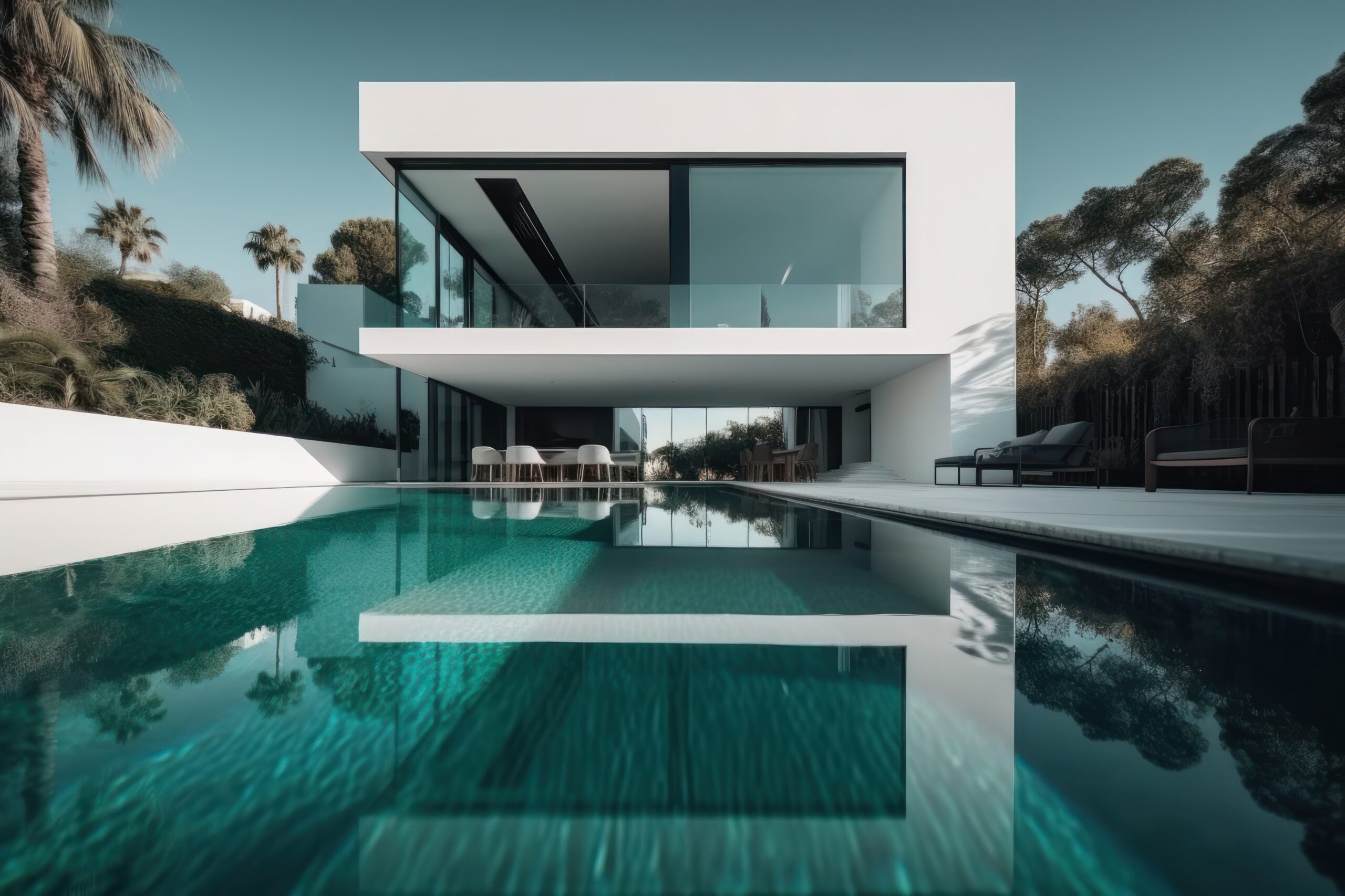 Design house - modern villa with open plan living and private bedroom wing. Large terrace with privacy and, swimming pool. Generative AI